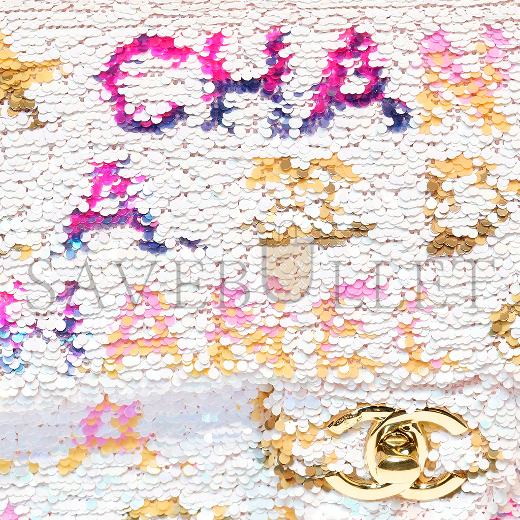 Ch*el sequin logo cc small single flap white multicolor (20*13*6cm)